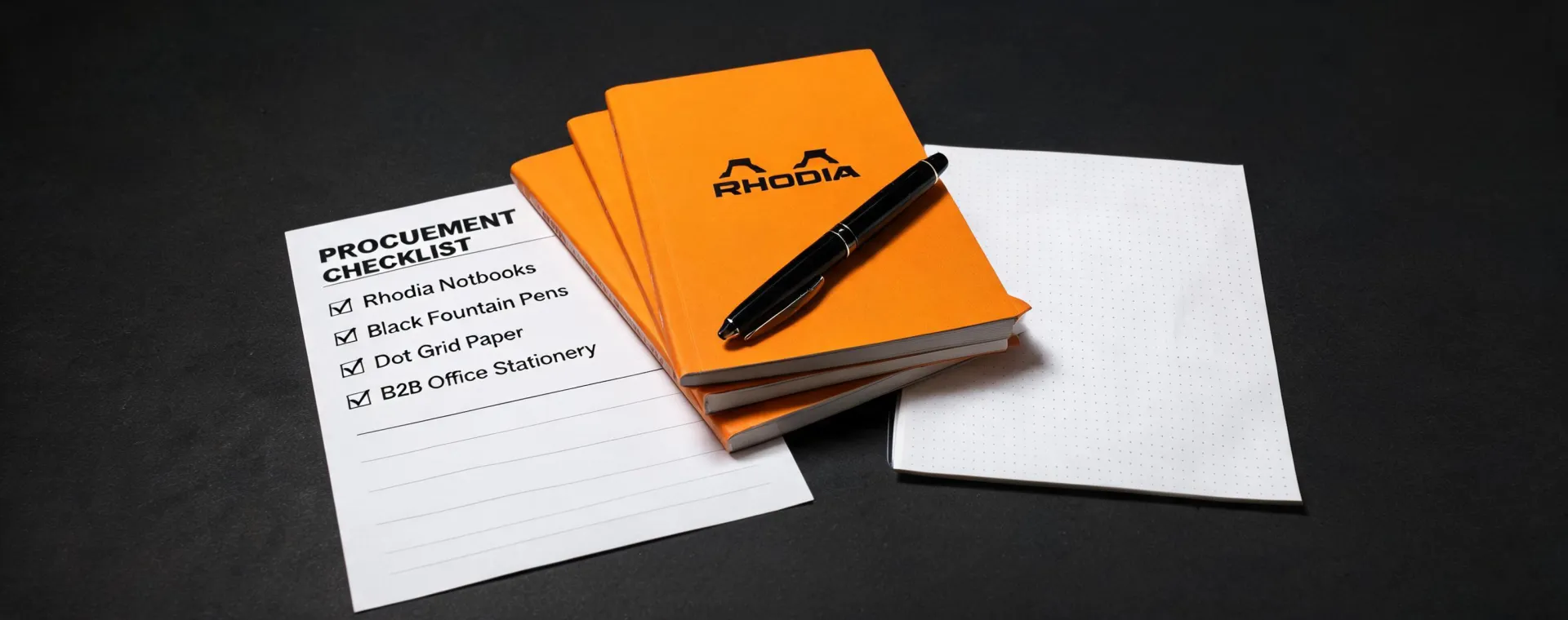 Rhodia notebooks and fountain pens on a precise black desk